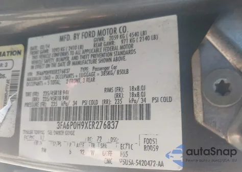 2014 Ford Fusion Se from USA, damaged, VIN 3FA6P0H9XER276837